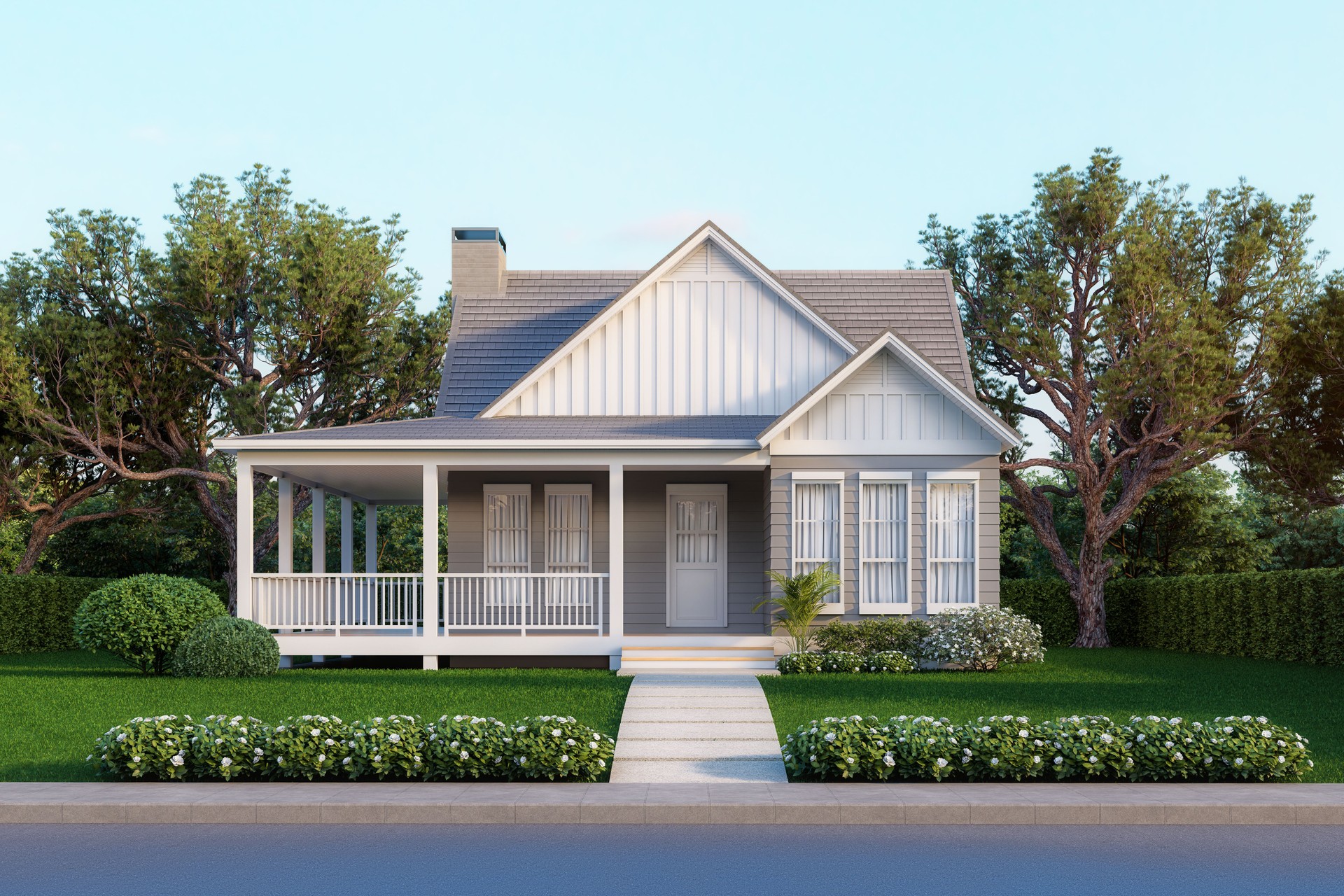 Cottage Little House de estilo moderno en césped verde render 3d
